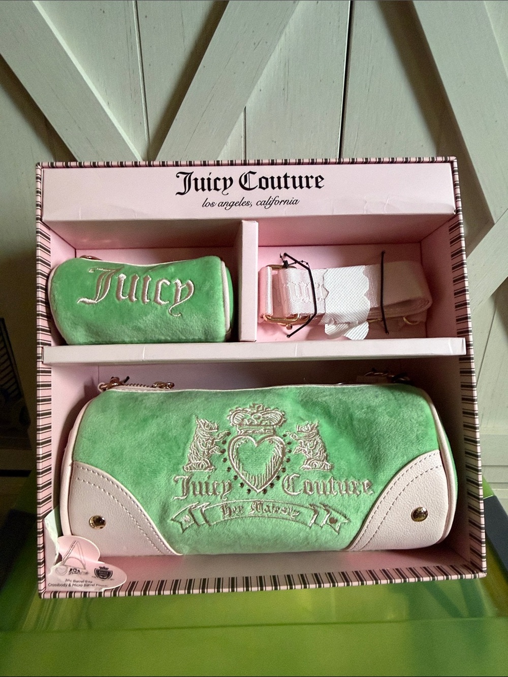 Juicy Couture Mint Green Velvet Mini Bag Set with Pink Trim